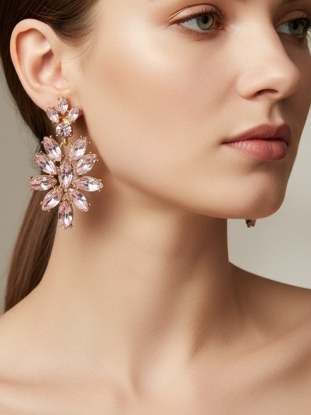 Oscar de la Renta Pink Crystal Floral Statement Earrings – Gold Plated
